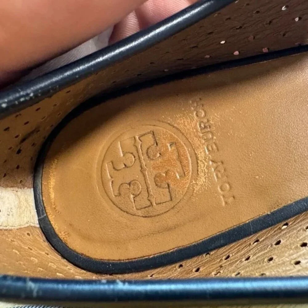 Sz 8 - Tory Burch Reva Perforated Womens Black Goldtone Logo Leather Flats‎